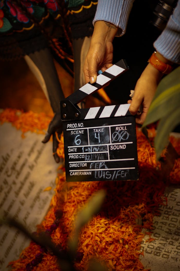 Clapperboard held over autumn leaves, evoking cinematic storytelling in fall setting.